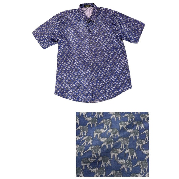 Vintage T. Corner Men's Thai Silk XL Purple Shirt All Over Print Elephant Shinny - Picture 1 of 14